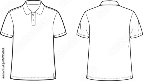 Polo shirt, technical drawing, fashion flat sketch, short sleeve, collared neckline, button placket, stylish apparel, garment construction, clothing design, textile illustration