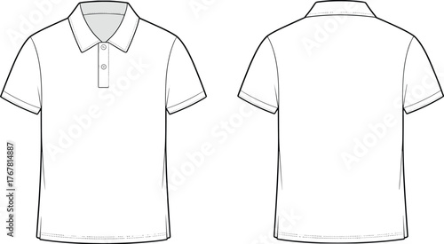 Polo shirt, fashion flat sketch, technical drawing, short sleeve, collared neckline, button placket, stylish 
