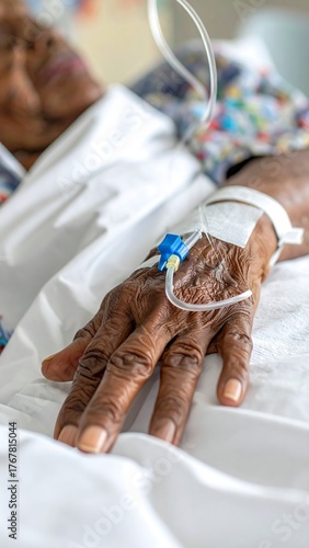 Close-up of a patient's hand with IV drip in a hospital bed