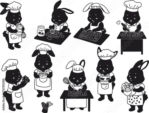 Rabbit silhouettes, baking cookies, whimsical illustration, cartoon sketch, playful design, animal chefs, culinary art, creative concept, vector drawing, fantasy theme