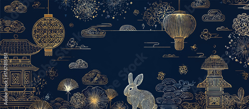 Elegant Mid Autumn Festival Illustration with Golden Rabbit Lanterns and Fireworks Against a Dark Blue Background Perfect for Festive Celebrations