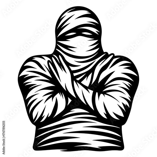 Ancient mummy awakening from tomb in eerie black and white