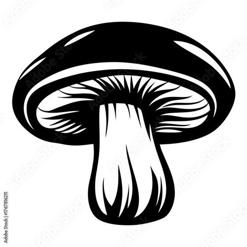 Detailed black and white image of a mushroom cap and stem