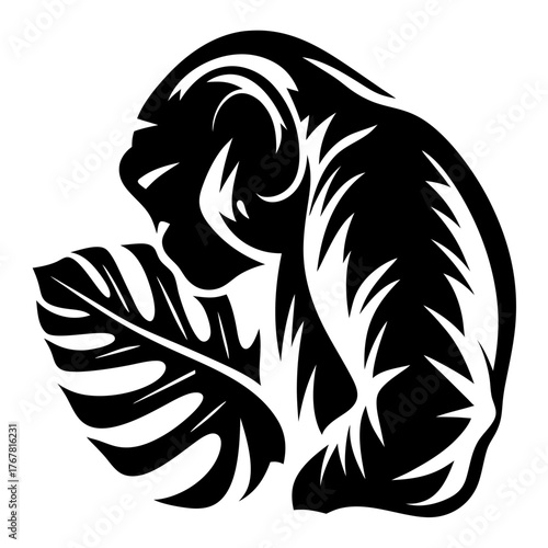 Stylized gorilla silhouette with tropical leaf design