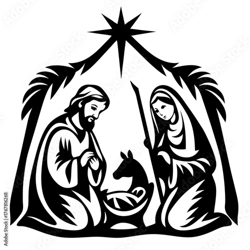 Nativity scene silhouette jesus mary joseph donkey star stable