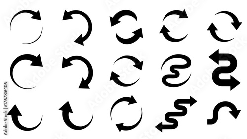 Collection of various black circular arrows, representing different directions and loops.