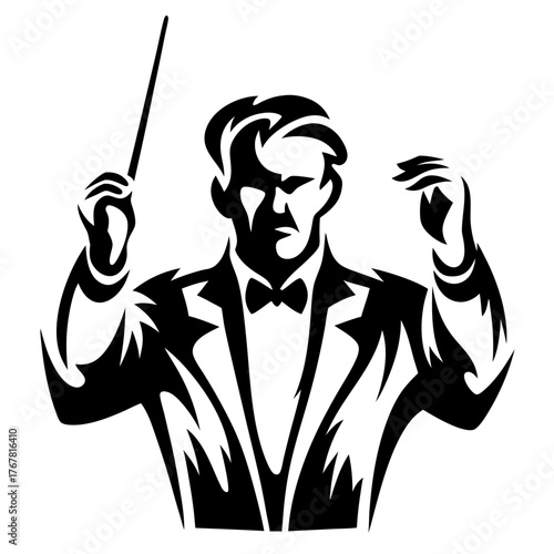 Orchestra conductor leading music with baton and expressive hands