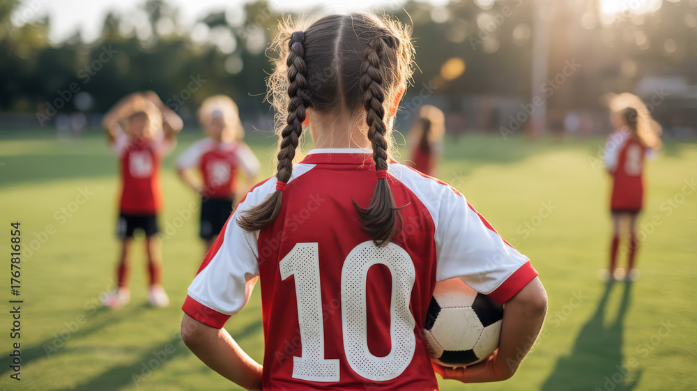 Obraz premium Young soccer player with number 10 on jersey holding ball 