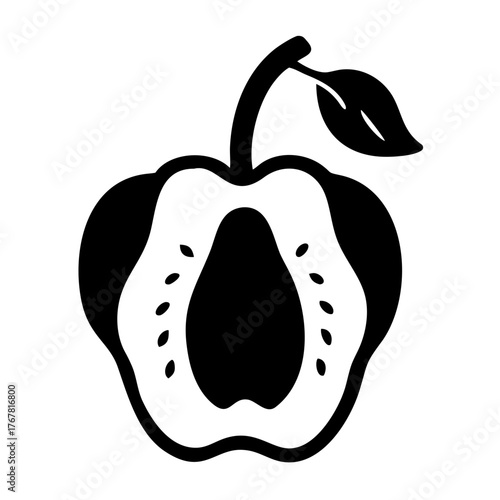 Graphic representation of a sliced apple in black and white, showcasing its internal structure with seeds, isolated on a, symbolizing natural goodness