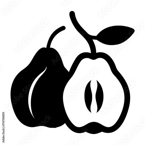 A minimalist black and white illustration of a whole pear and a half pear, showcasing its internal structure, isolated on a