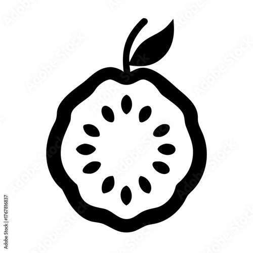 Simple black and white graphic icon representing a sliced guava fruit with visible seeds arranged in a circular pattern, isolated on a
