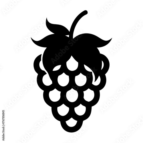 Black vector graphic of a bunch of grapes with leaves and a stem