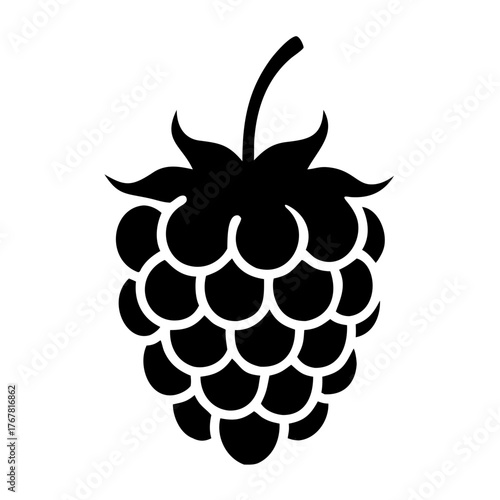 Black silhouette of a raspberry, a simple and clean vector graphic representing a single berry with its characteristic segmented surface and stem, perfect for foodrelated designs and icons