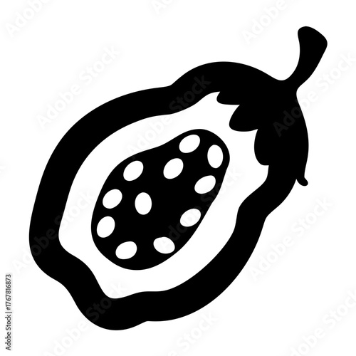 A black silhouette of a papaya cut in half, showing its seeds, isolated on a, representing tropical fruit and healthy eating