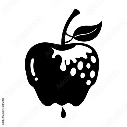 A black and white silhouette of an apple with a dripping effect, isolated on a