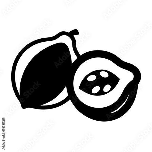 Black silhouette of a papaya on a branch with leaves, one papaya is cut in half revealing seeds