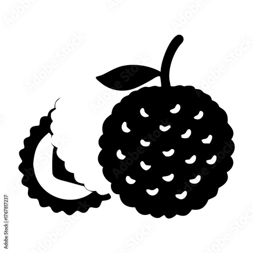 A black and white silhouette illustration of a whole lychee fruit with a leaf and stem, and a lychee cut in half, revealing its white flesh and seed, isolated on a