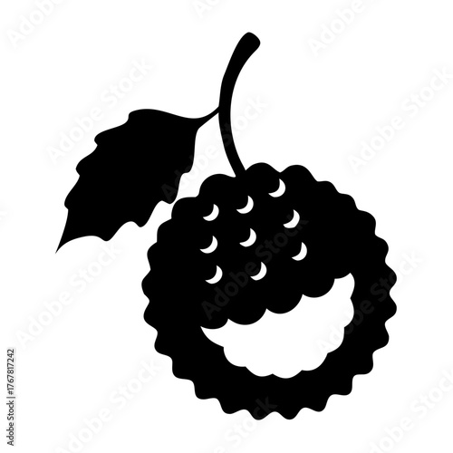 Black silhouette of a lychee fruit with a leaf