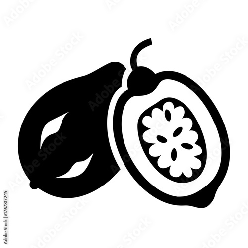 Black silhouette of a whole papaya and a half papaya showing seeds