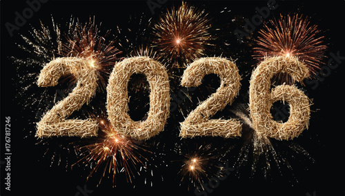 Golden 2026 New Year Celebration with Fireworks Display Against Black Backdrop Sparkling with Joy and Festive Cheer Representing Future Hopes