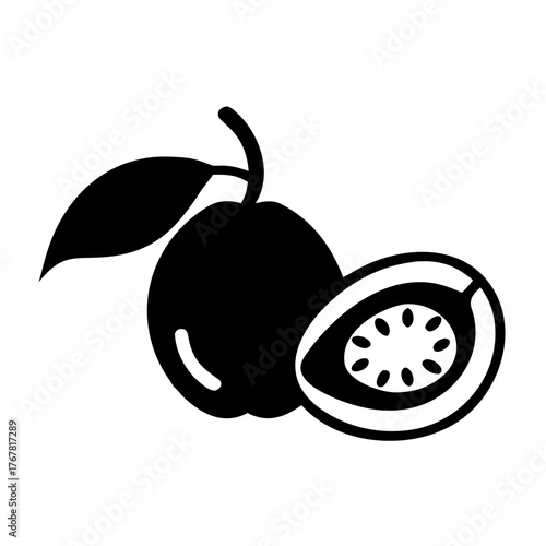 Black and white icon of a whole guava fruit with a leaf and a sliced guava showing its seeds and flesh