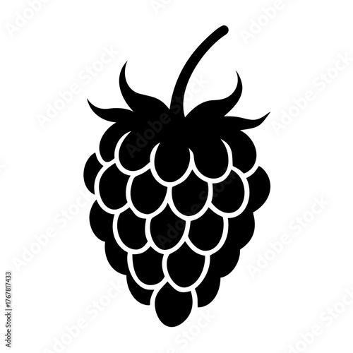 Black silhouette of a raspberry, a simple and clean vector graphic representing a single fruit with its characteristic drupelets and stem, perfect for foodrelated designs and healthy eating concepts