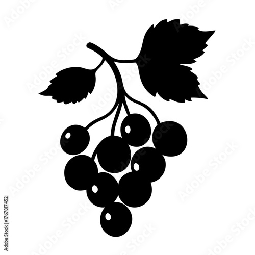 Black silhouette of a cluster of berries on a branch with leaves, isolated on a, a stylized representation of a fruit group, suitable for natural themes, harvest imagery, and healthy eating visuals