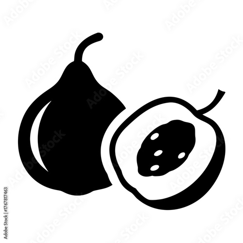 Black silhouette of a pear and a slice of peach on a, symbolizing healthy fruits and natural food choices