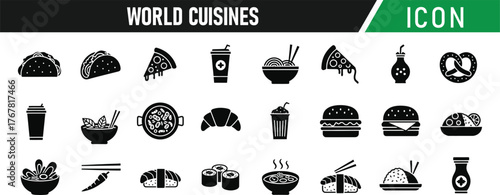 World cuisines icon set. Including Pizza, Sushi, Taco, Burger, Paella, Croissant, Noodles, Curry, Steak, Dim Sum. Vector silhouette illustration
