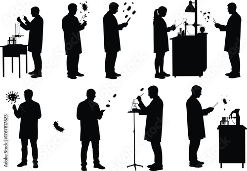 Scientist silhouettes, laboratory research, virus study, medical science, lab equipment, experiment figures, microbiology concept, vector sketch, discovery design, healthcare theme