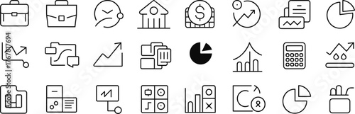Business finance icons, data analytics symbols, investment management, financial growth, accounting tools, chart elements, banking illustration, flat vector design for web