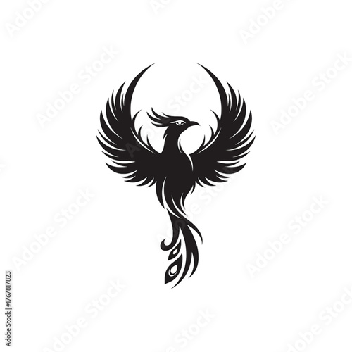 Black and white phoenix bird with wings spread.