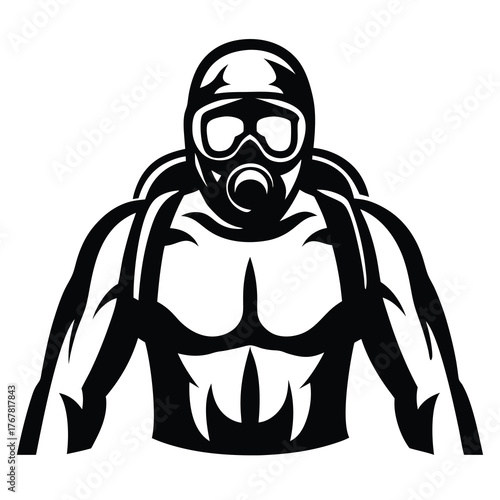 Muscular scuba diver icon with breathing apparatus and tank