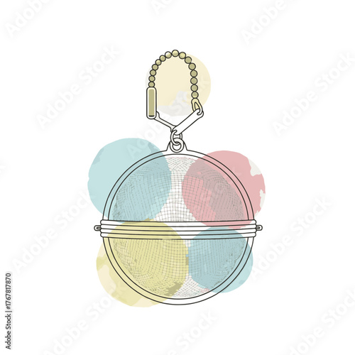 Flat vector illustration of a tea infuser ball. Line art kitchen icon with an artistic watercolor effect. Isolated graphic for tea and beverage concepts.