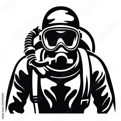 Scuba diver equipped for underwater exploration in monochrome