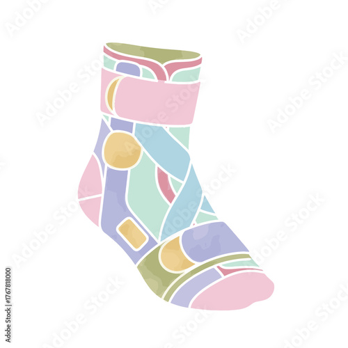 Flat vector style illustration of an ankle brace. Colorful abstract mosaic pattern design. Medical orthopedic support for injury recovery.