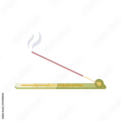 A flat vector illustration of a burning incense stick in a holder. Aromatherapy, meditation, and relaxation concept. Minimalist spiritual graphic isolated on a transparent background.