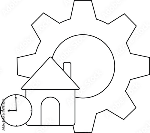 A house icon with a gear behind it and a clock beside it in a line drawing