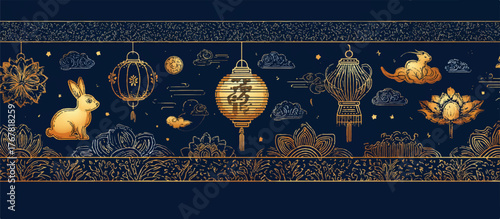 Golden Year of the Rabbit Celebration with Lanterns Lotus Flowers and Clouds Elegant Asian Inspired Design Happy Lunar New Year Festival Background