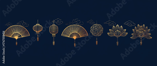Golden Asian Lunar New Year Elements on Dark Blue Background Celebration Prosperity Good Fortune Tradition Holiday Design Cultural Richness Festivity Decorative