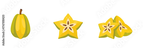 Starfruit carambola whole, bright yellow five pointed slice, tropical dessert garnish, fresh produce illustration, kitchen recipe vector element