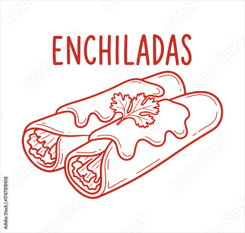 Enchiladas Mexican Food Line Art Restaurant Menu Tex-Mex Cuisine Cilantro Sauce Illustration