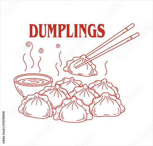 Dumplings Chopsticks Hot Asian Food Chinese Dim Sum Restaurant Menu Line Art Illustration