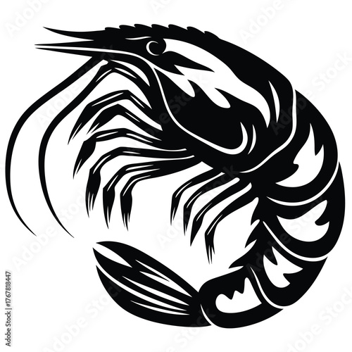 Stylized black and white shrimp graphic seafood marine life