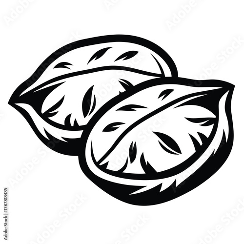 Two stylized shrimp dumplings with detailed lines in a simple graphic style