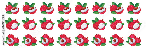 Rambutan pattern row, repeating red spiky fruits with green leaves, tropical border, drink label trim, playful vector design