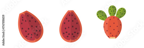 Prickly pear cactus fruit set, whole and cut pieces, red speckled skin, juicy interior, desert tropical vector