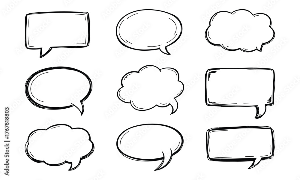 Obraz premium Various black outline shapes form a collection of message bubbles on a white background