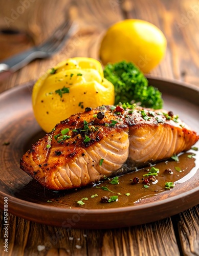 Close-up of a plated salmon fillet with vegetables and lemon