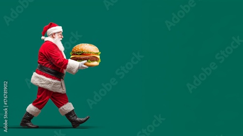 Santa Claus joyfully carries a giant burger against a green background during the holiday season